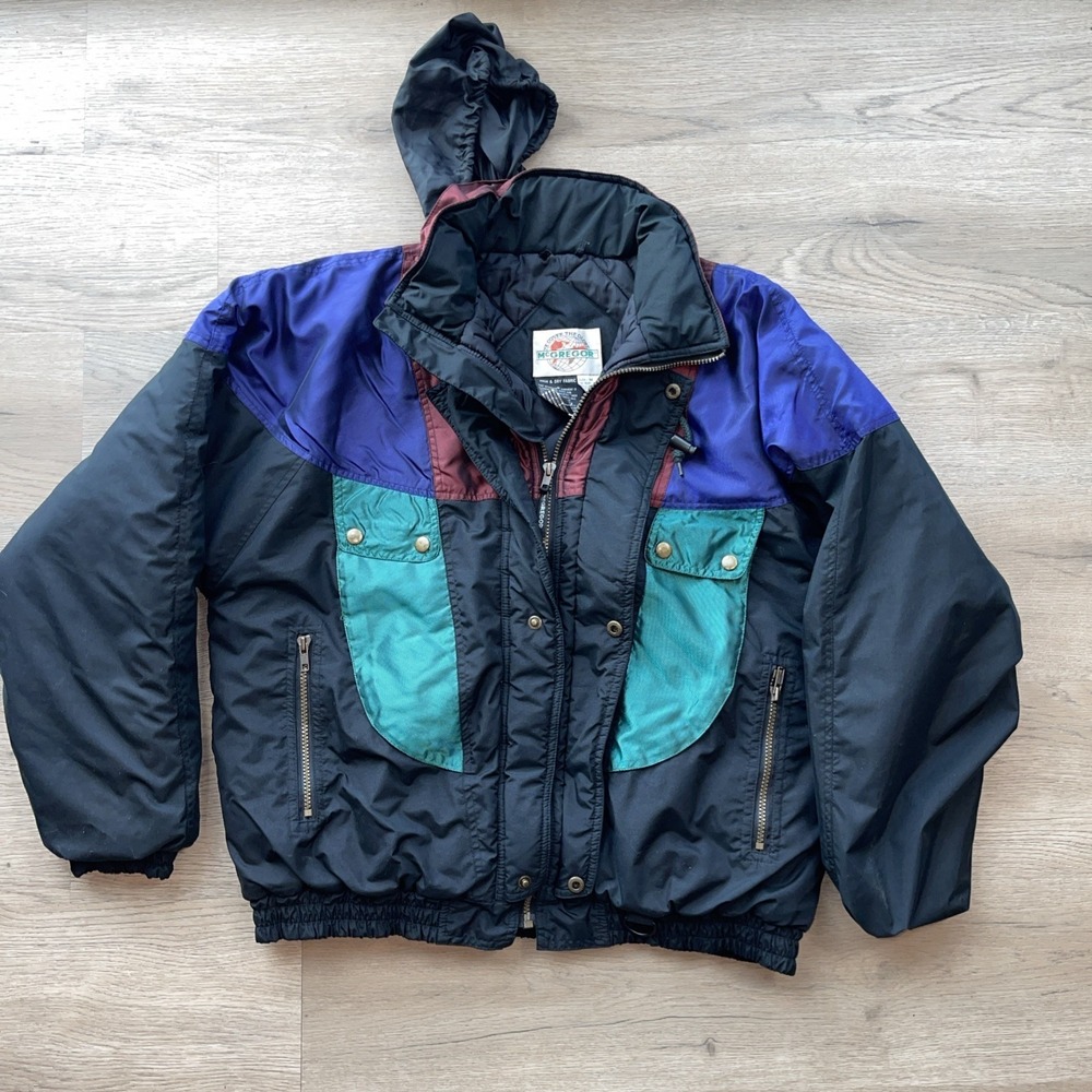 Mcgregor Puffer Vintage Jacket Men Size M Black Color Block Full Zip Hidden Hood